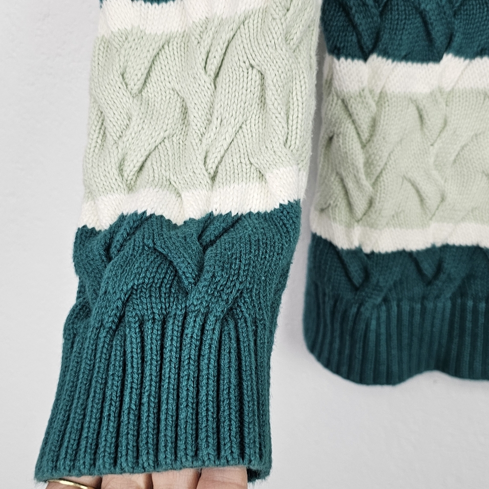 Lands End Drifter Sweater Green Stripes Cable Knit Pullover Cotton Sz M Academia - Picture 4 of 11